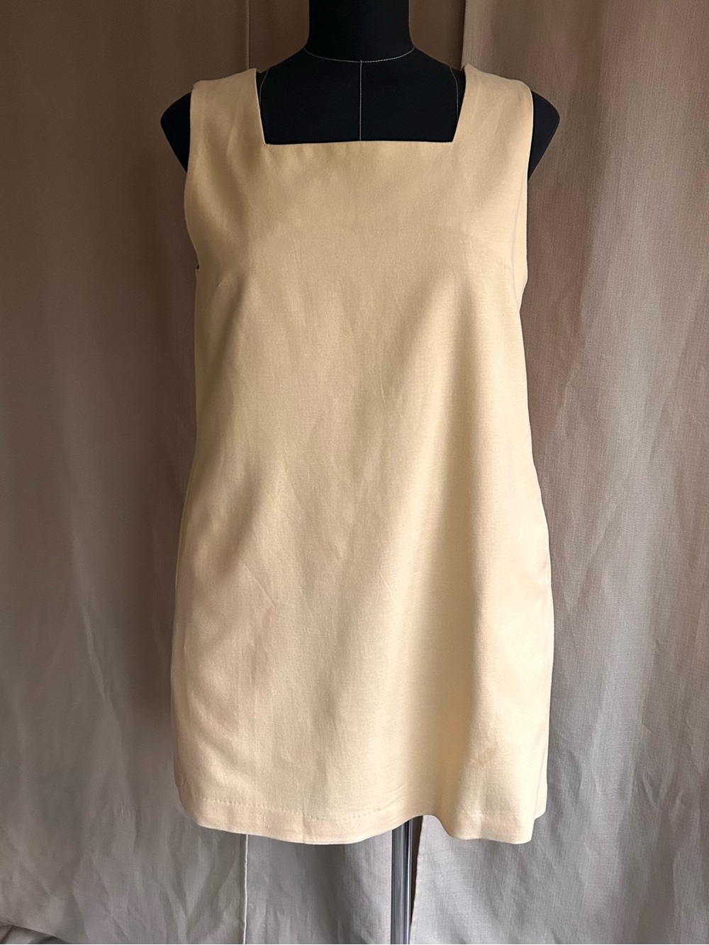 Commense Linen Blend Pale Yellow Back-Buttoned Shift Mini Dress